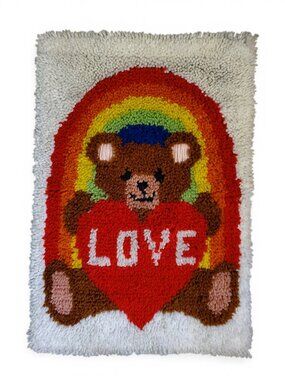 Vintage 80s Retro Love Bear & Rainbow Latch Hook Shag Rug Wall Hanging